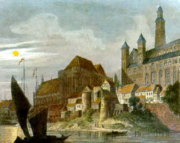 Marienburg, mit Hochmeisterpalast, Hochschloß und Brücktor.  - Stahlstich nach Domenico Quaglio, 1834